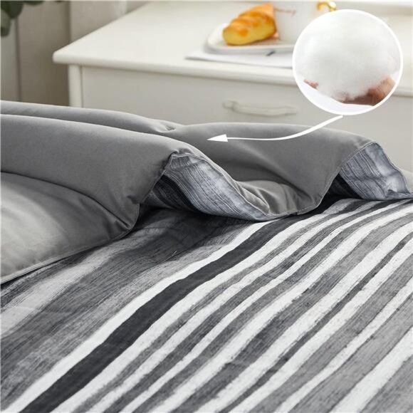 7 Piece Bed in a Bag Stripe Comforter Set Queen Size, White Grey Black Patchwork - Picture 6 of 7